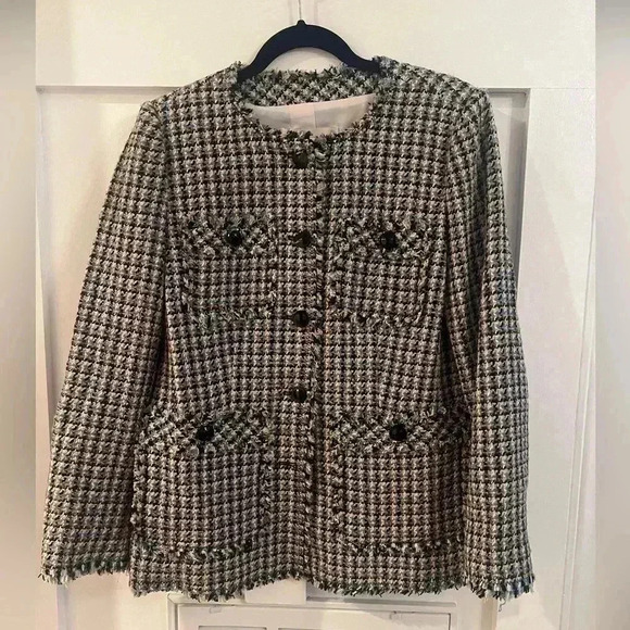 $525 REBECCA TAYLOR Houndstooth Tweed Four Pocket Robins Egg Black Jacket - Picture 5 of 10